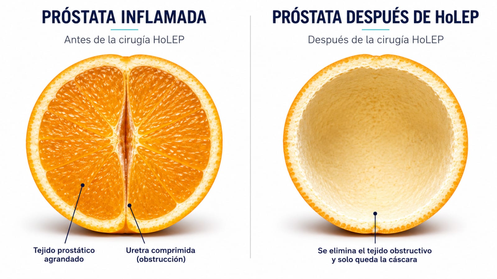 Comparación visual: próstata inflamada antes de la cirugía HoLEP y próstata después de HoLEP, donde se retira el tejido obstructivo
